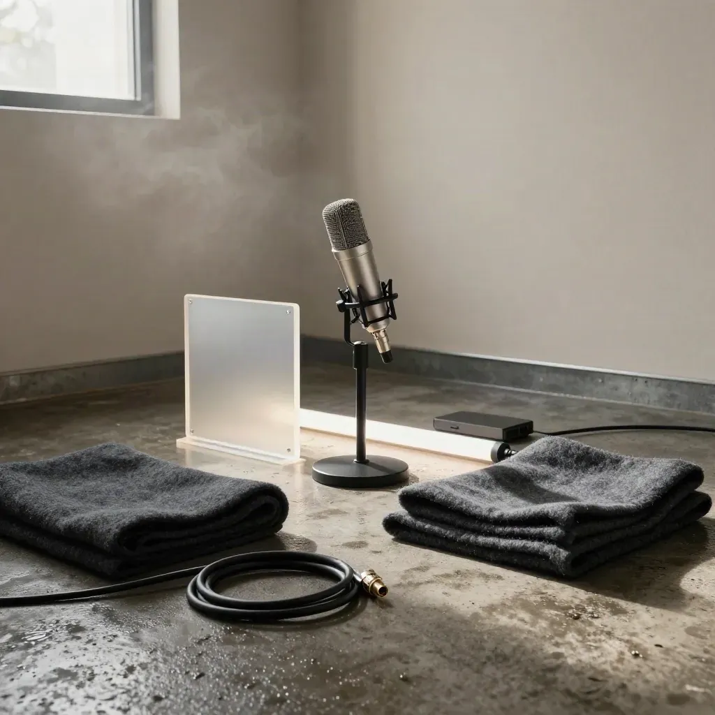 Rain-lit podcast kit with silver mic, acrylic cards, LED tube, cable and drive in a moody studio.
