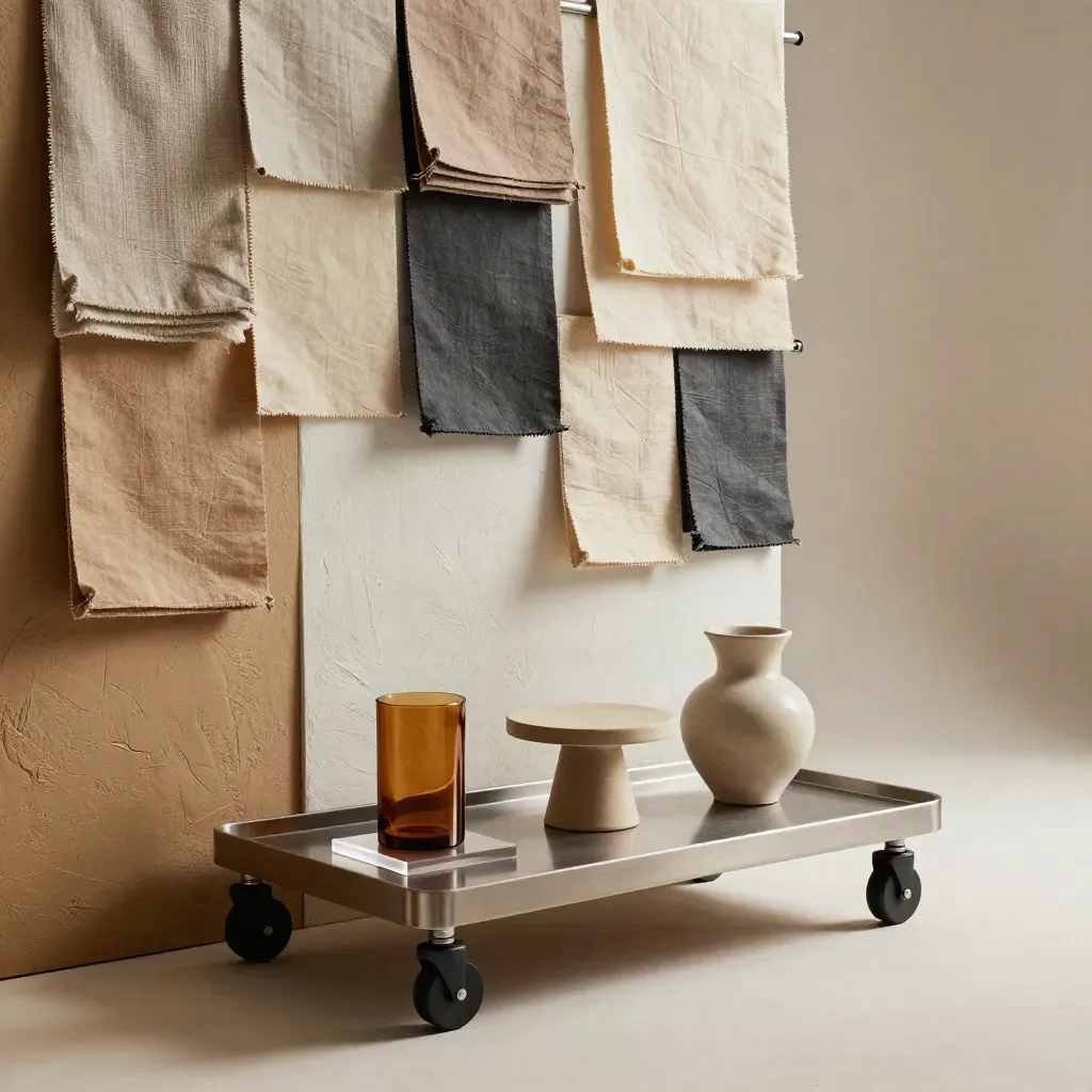Overhead prop wall with backdrop stacks, fabric swatches and three staged product sets on a rolling cart.