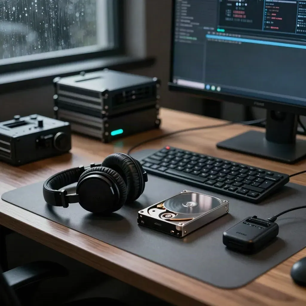 Night edit bay with headphones, drives and a glowing monitor in rain-streaked light.