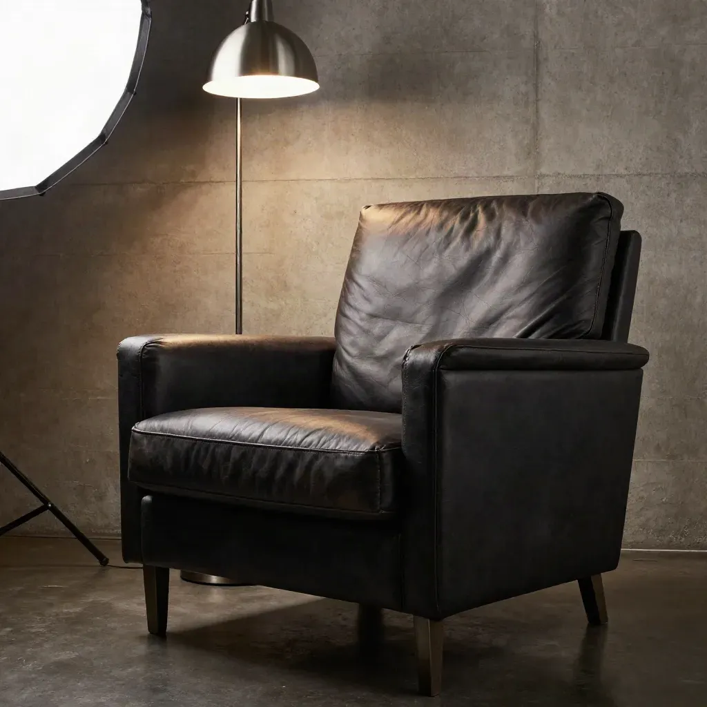 Low-angle cinematic interview corner with armchair, lamp, softbox edge and concrete wall.