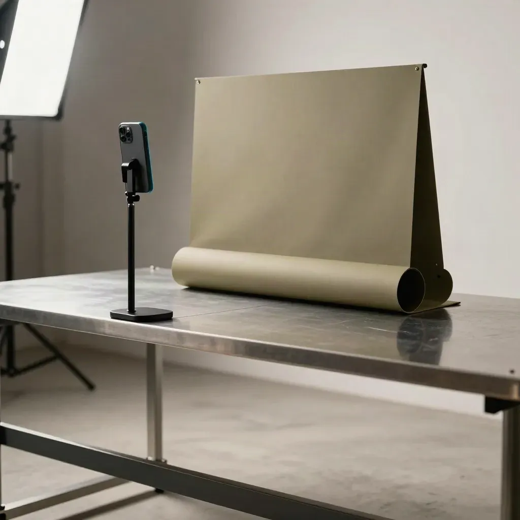 Studio setup rolls into place with LED panel, backdrop, and props for short clips.