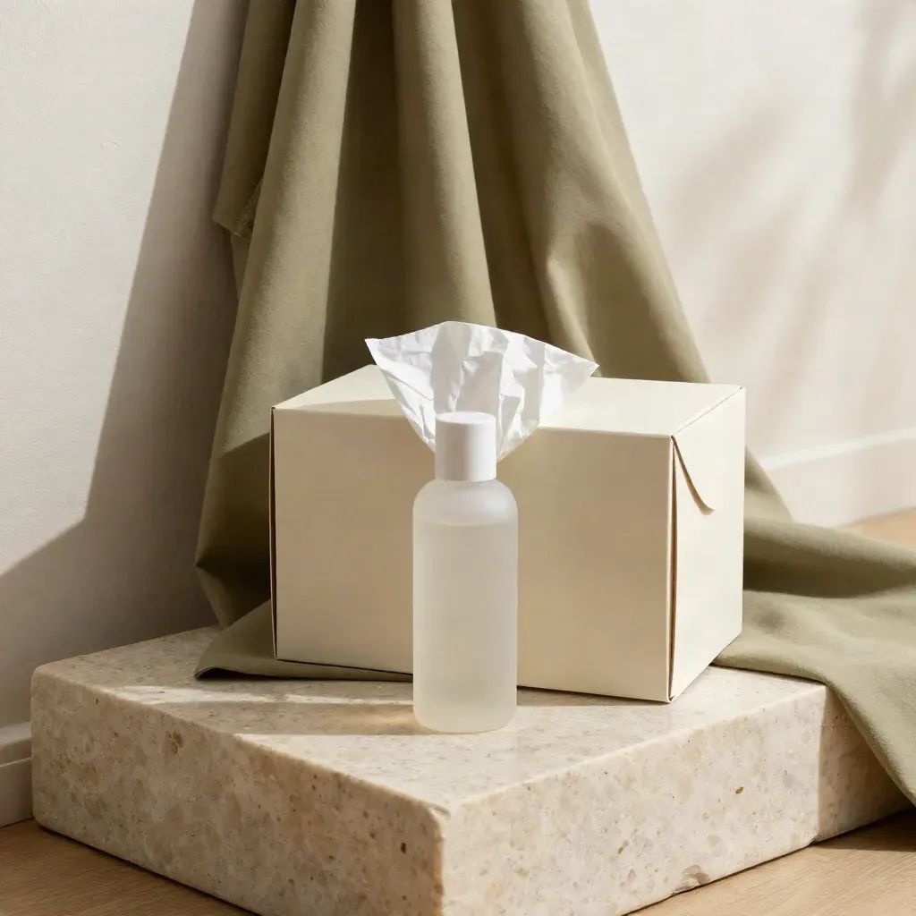 Low hero launch set with frosted bottle, mailer box, tissue, and cloth on a travertine plinth.