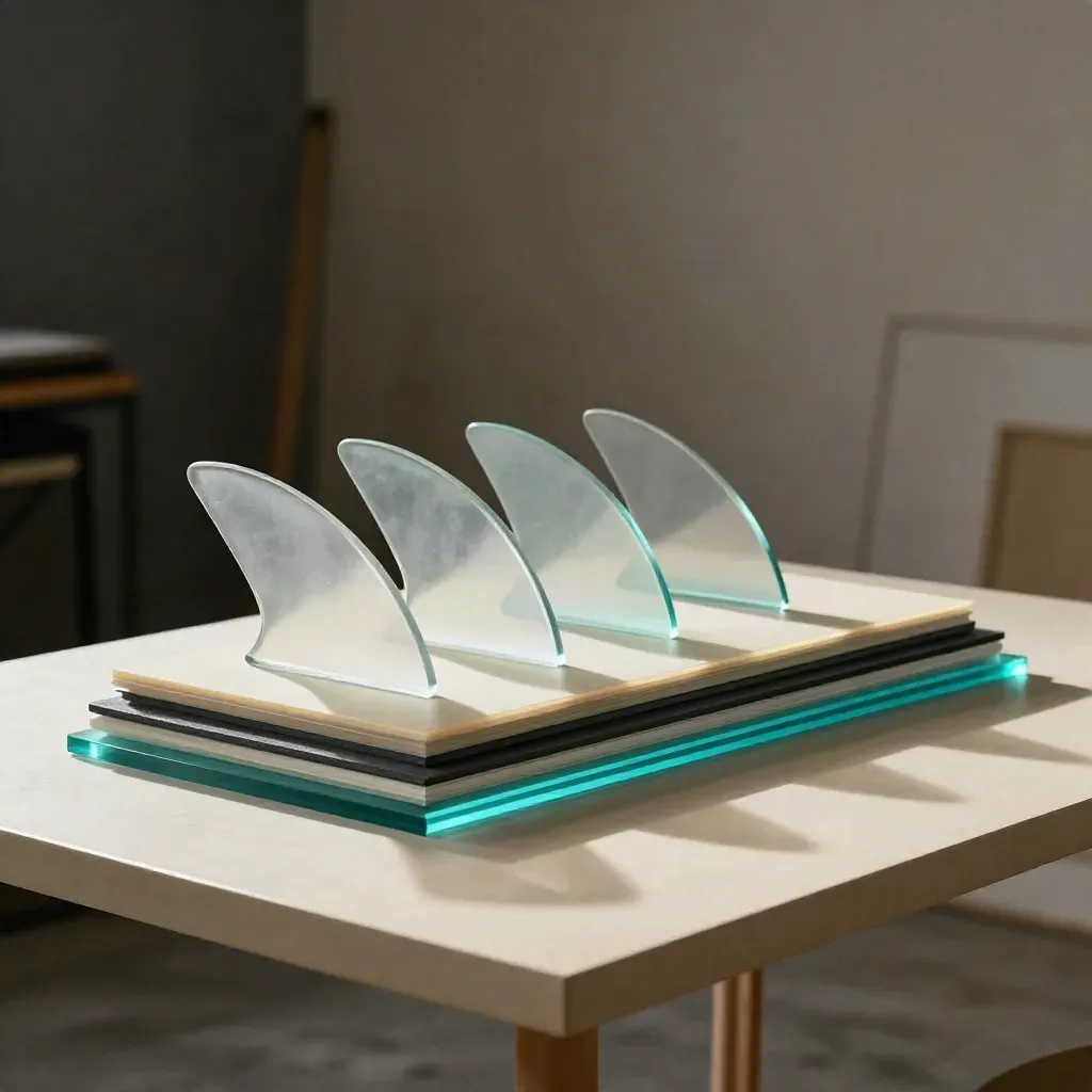 Glowing acrylic fins and frosted panels on a lit table in a hazy studio.