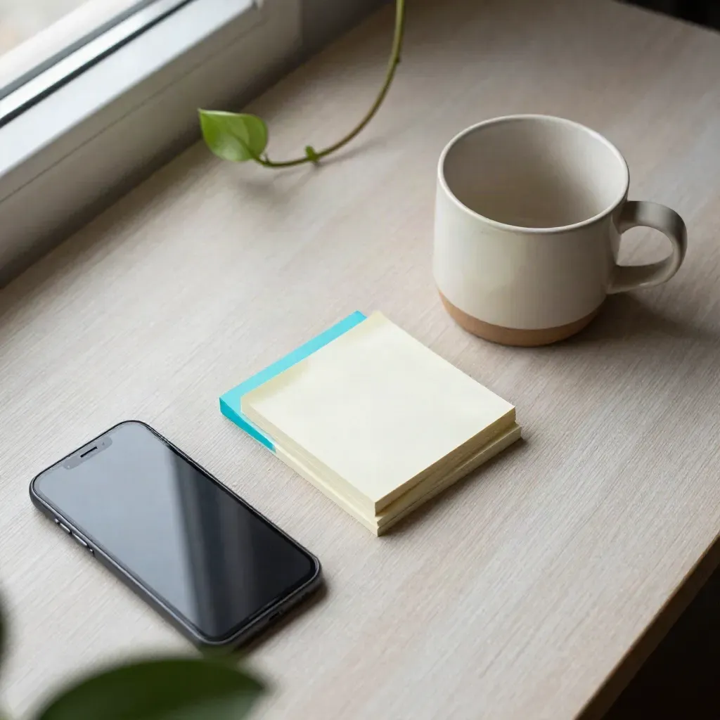 Top-down still life of a phone, sticky tabs, ceramic cup and plant on pale wood.