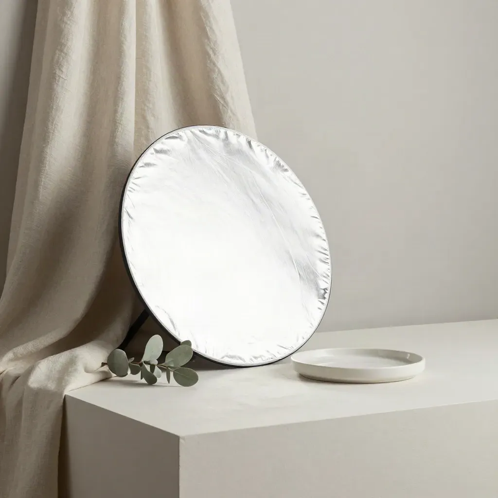 Reflector panel, folded fabric, plant and ceramic tray on a pale plaster sweep.
